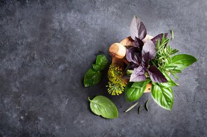 black background and green herbs
